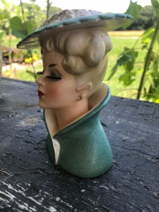 Vintage Blonde Lady vase Napcoware c3815 Green Hat W/Gold Details Red  4