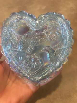 Vintage Fenton Powder Blue Iridescent Hummingbird Heart Shaped Trinket Box Jar