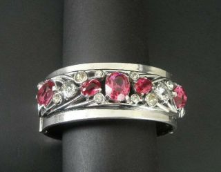 Bracelet Vintage Pink And Clear Rhinestones Silver Plate Wide Hinged Bangle