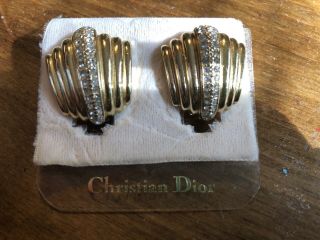 Vintage Gold Tone Metal Crystals Shell Clip On Earrings By Christian Dior
