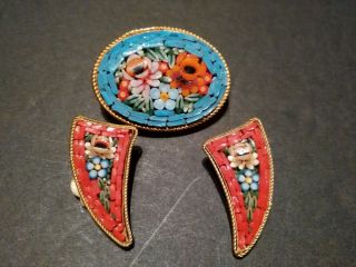 Vintage Micro Mosaic Brooch Pin Unmarked & Clip On Earrings Made In Italy