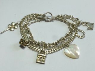 Vintage Sterling Silver Charm Bracelet With Chains And 6 Charms 29g 20cm Cb7