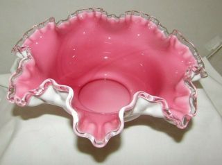 Vintage Fenton Glass Peach Crest Bowl 10 Inch Pink And White