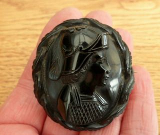 Vintage Jewellery Victorian Whitby Jet Large Roman Centurion Cameo Brooch Pin