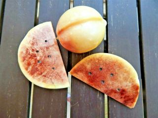 3 Vintage Alabaster Marble Fruit Watermelon Slices And Peach