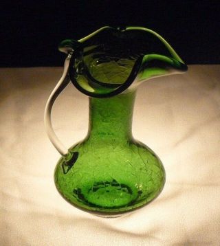 Vintage Green Miniature Crackle Glass Pitcher Clear Handle Fluted Brim