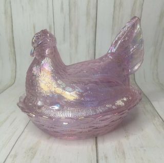 Vintage Hen On Nest Basket Weave Iridescent Pink Carnival Glass 7l X 6w X 6.  5t