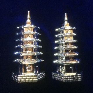 Vintage Japanese Pagoda Temple Salt & Pepper Shakers Silver Plated Nib