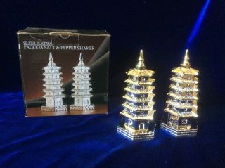 Vintage Japanese Pagoda Temple Salt & Pepper Shakers silver plated NIB 3
