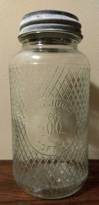 Vintage Old Judge Glass Coffee Jar Diamond Pattern W/ Owl Logo And Zinc Lid