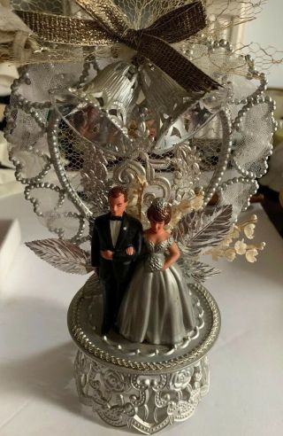 Vtg Wilton Wedding Cake Topper Silver 25 Yr Annivesary Tulle Flowers Old Couple
