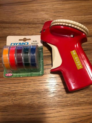 Vintage Rotex Label Maker Labeler Red Uses 3/8 " Tape With 5 Roll Refill