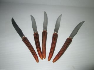 Vintage Bakelite " Wood " Horn Handle Steak Knives Deal/5 Sheffield England Blade