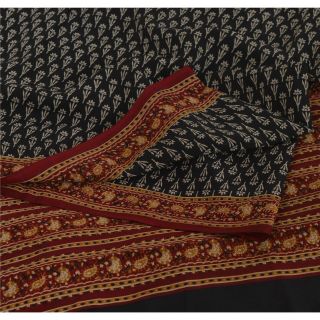 Sanskriti Vintage Black Saree Pure Crepe Silk Floral Printed Sari Craft Fabric