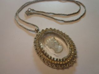 Vintage 50s Rhinestone Reverse Carved Crystal Glass Necklace 22 In