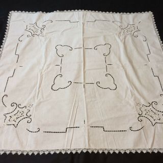 Vtg Linen Table Cloth Cut Work Embroidery Needle Lace Filet Edge White Work 2