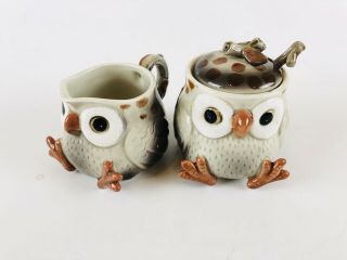 Vintage Fitz & Floyd Ff Japan Creamer Sugar Spotted Owl Brown White Ceramic