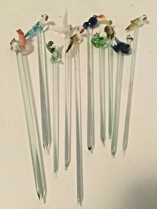Vintage Set of 10 Glass COCKTAIL PICKS STICKS Hors d ' oeuvres Birds Blown Glass 2