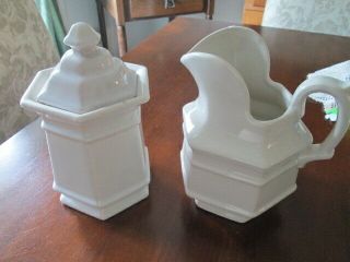 Vintage Royal Haeger Pottery Hexagon White Canister & Pitcher