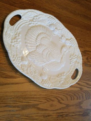 Vtg Century White Ceramic Raised Pattern Turkey Platter Serving Dish With Handle
