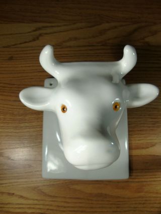 Vintage Large White Ceramic Cow Bull Head Towel Apron Holder Farmhouse