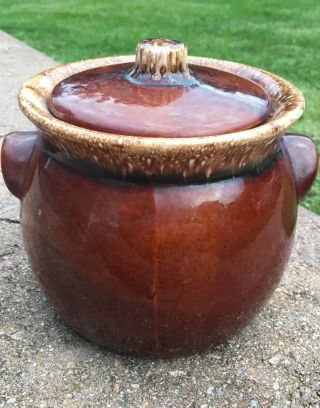 Vintage 2 Quart Hull Usa Oven Proof Pottery Brown Drip Glaze Bean Pot With Lid
