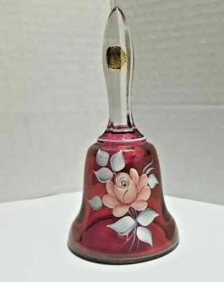 Vintage Rose Colored Glass Bell W/ Crystal Handle Painted Rose 1978 B.  Weiss