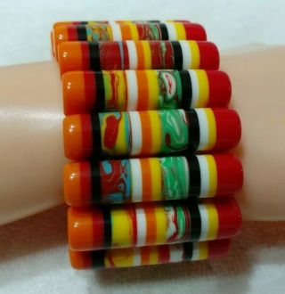 Vintage Red,  Orange,  Black & White " Melted Crayon " Stretch Bangle Bracelet