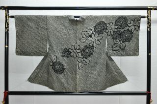 Vintage Silk Kimono Jacket:fully Shibori Black Chrysanthemum@ym16