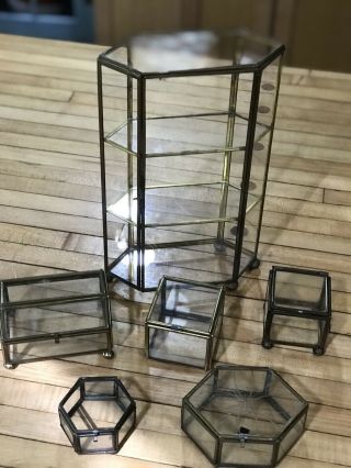 6 Vintage Glass Brass Glass Curio Display Cabinet Hexagon 3 Shelf Trinket Box