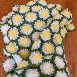 Vintage Handmade Crochet Throw Afghan Yellow Green 3d Daisy Flowers 60 " X 60 "
