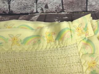 Vtg Curity Yellow Thermal Knit Baby Blanket Bunnies Bears & Rainbows Satin Trim
