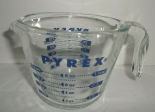 Vintage Pyrex Blue Lettering Glass Measuring Cup 1 Cup 8 Oz Open Handle
