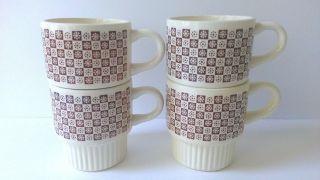 Vintage Usa Stacking Coffee Mugs/cups Checkered Pattern Brown/cream Ceramic