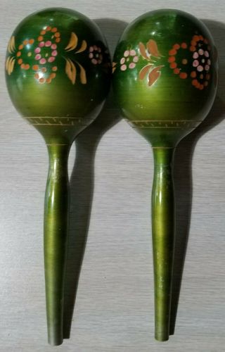 Vintage 1960s Authentic Mexican Maracas Hand Carved/painted Floral 11 " Set