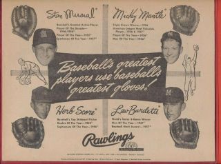 Vintage 8.  5 " X 11 " 1958 Rawlings Glove Ad - Musial,  Mantle,  Score,  Burdette