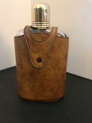 Vintage Glass Chrome And Leather Wrapped 7 - 1/2 " Tall Liquor Flask (nf)