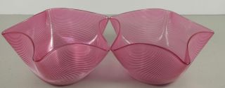Pair Vintage Star Shaped Pink Art Glass Finger Bowls W All - Over White Threading