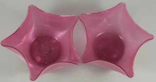 Pair Vintage Star Shaped Pink Art Glass Finger Bowls W All - Over White Threading 2