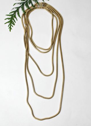 Vintage 5 Strand Necklace Gold Tone Snake Chains Modernist Style Estate Jewelry 2