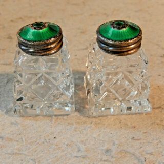 Vintage Sterling Silver Guilloche Enamel Norway Salt Pepper Shakers.  925 Green