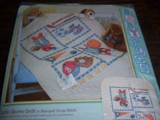 Vtg Dimensions Stamped Embroidery Baby Little Sports Quilt Kit Baseball Soccer