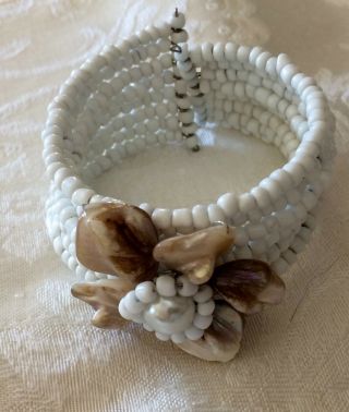 Vintage bracelet,  cuff style,  rows of white glass beads,  shell flower,  VERY COOL 2
