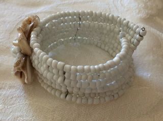 Vintage bracelet,  cuff style,  rows of white glass beads,  shell flower,  VERY COOL 3