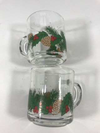 Set Of 2 Vtg Clear Glass Holly Tree Pinecone Berries Mug Cup Christmas Holiday