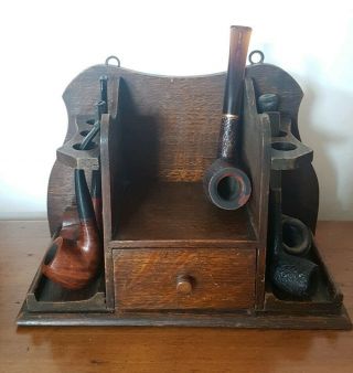 Lovely Vintage Oak Pipe Rack/holder With Small Drawer,  For Six Pipes