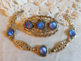 Vintage Sterling Silver Blue Moonglow Brooch And Bracelet Set 13.  2 Gram Art Deco