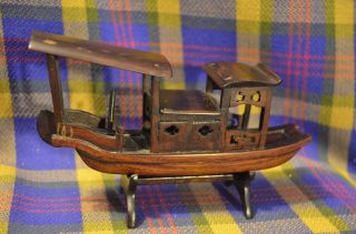 Vintage Classic Chinese Hand Made Wooden (?walnut) Boat Model & Stand