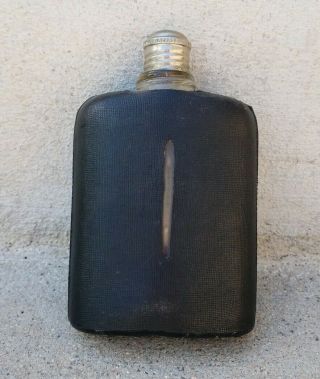 Vintage Leather Covered Prohibition Glass Whiskey Flask Hip Black Window Old