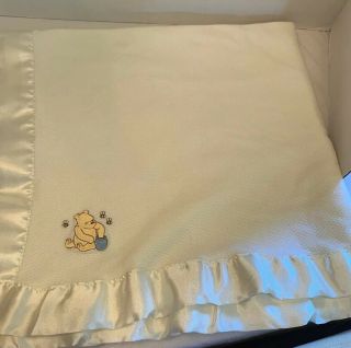 Classic Vtg Winnie The Pooh Cream Unisex Baby Blanket Satin Edge Bees Pooh 2 Ply